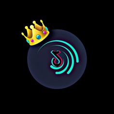 a crown sitting on top of a black ball with neon blue and pink lines around it