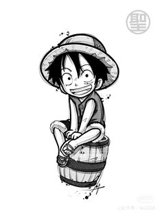 an ink drawing of a boy sitting in a barrel with a hat on his head