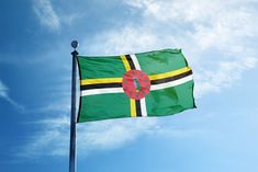 a flag flying in the wind with a blue sky and white clouds behind it on a sunny day