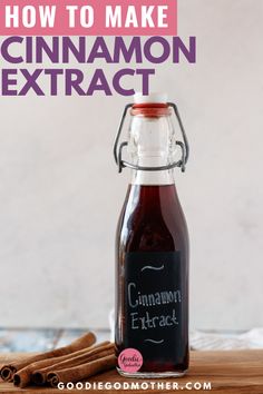 cinnamon extra cracker in a glass bottle next to cinnamon sticks