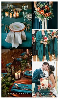 a collage of different pictures with flowers and green cloths on the table, including candles