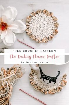 two crochet coasters with the text free crochet pattern