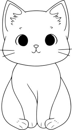 a black and white drawing of a cat with big eyes, sitting on the ground