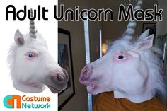 an adult unicorn mask is shown with the caption'adult unicorn mask'above it