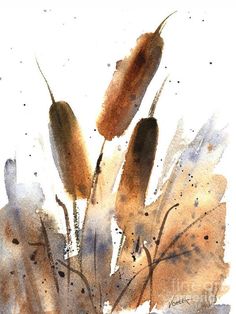 a watercolor painting of some plants with brown leaves on it's stems and the sky in the background