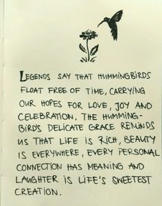 a piece of paper with writing on it and a hummingbird flying over the top