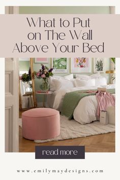 a bedroom with pink and green decor on the wall above it is an advertisement for read more