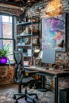 a home office with brick walls and an art work area on the far wall is a large painting