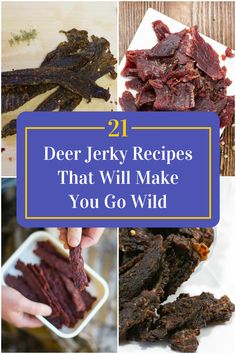 Collage of 4 deer jerky recipes. Venison Beef Jerky Recipes, Spicy Venison Jerky, Deer Jerkey Recipes Marinade, Ground Venison Jerky Recipe Dehydrator, Diy Deer Jerky Seasoning, Deer Meat Jerky Recipes, Spicy Deer Jerky Recipe, How To Make Deer Jerky, Teriyaki Deer Jerky Recipe