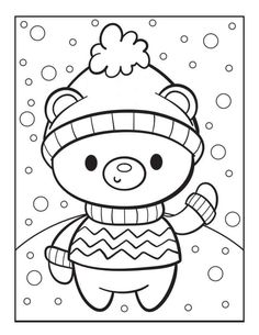 a coloring page with a bear wearing a hat and mittens in the winter snow