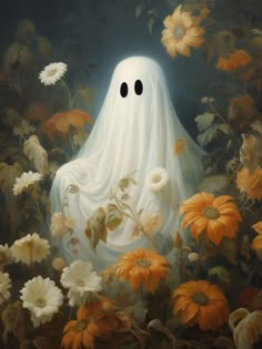 An oil painting of a ghost standing in a field of orange flowers. A Ghost, Halloween Ghost, Ghost, Halloween, Wall Art, Flowers, Wall, Home Decor, Art