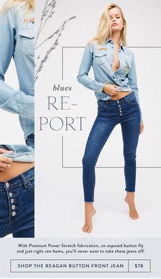 a woman in jeans is posing with her hands on her hips and the bottom half of her body