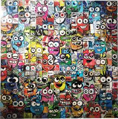 an art work with many different faces and eyes, all painted in multicolors