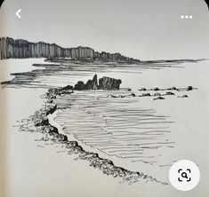 an ink drawing of a beach with trees on the shore and rocks in the water