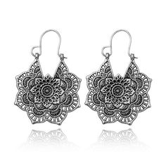 Boho 925 Silver Plated Elegant Charm Vintage Style Tibetan Tibet Hook Earrings  | eBay Mandala Earrings, Hollow Earrings, Bohemian Flower, Mandala Patterns, Jewelry Delicate, Hanging Jewelry, Costume Jewelry Earrings, Alloy Earrings, Floral Pendant