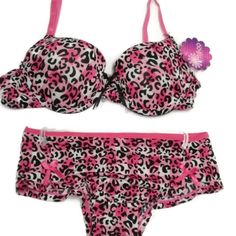 Inteco Intimates Padded Bra And Boy Shorts Panty Set In A Leopard Print On A Pink Plaid Background With A Bow Centered Between The Cups And On Each Side Of The Matching Panties. The Bra Is Lined, Padded, Features An Underwire And Has Three Sets Of Eyes In The Back And Adjustable Straps For Over The Shoulders. The Panties Are A Boy Short Style With A Lined Gusset And Elastic Waist. Sizes 34c/5 Pink Plaid Background, Leopard Print Pink, Plaid Background, Bra And Panty Set, Girly Accessories, Pink Leopard Print, Padded Bra, Bra Shop, Print Pink