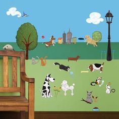 the dog park wall decals are in front of a bench, lamppost and tree