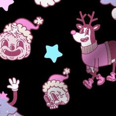 a black background with pink and blue cartoon characters on it's sides, including an ugly reindeer