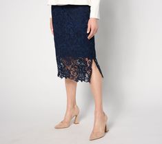 Susan Graver Occasions Regular Lace Side Zip Midi Skirt Stacy London, Ibiza Outfits, Adaptive Clothing, Beauty Storage, Lace Side, Susan Graver, American Leather, Lace Design, Fashion Set