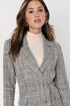 You'll own the office (or wherever you are!) in the Lulus Deluxe Desire Grey Tweed Long Sleeve Blazer Mini Dress! Chic woven wool-blend tweed shapes long sleeves with in-charge padded shoulders, and a collared bodice with stylish notched lapels. Dress has a unique, double-breasted design with functional buttons and front flap pockets. Skirt finishes with a flaring mini hem. Fit: This garment fits true to size. Length: Mid-thigh. Size medium measures 33.5" from shoulder to hem. Bust: Great for an Chic Wool Tweed Dress For Office, Tailored Tweed Dress For Work, Office Tweed Dress With Houndstooth Pattern, Fitted Wool Tweed Dress For Work, Tailored Wool Tweed Dress For Fall, Chic Houndstooth Tweed Dress For Work, Tailored Tweed Wool Dress For Work, Tailored Wool Tweed Dress For Work, Chic Long Sleeve Tweed Jacket For Office