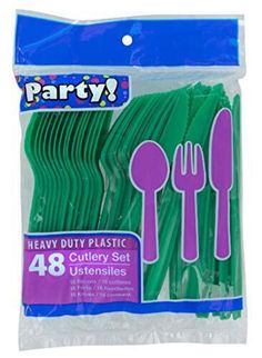 party plastic cutlery set with fork and spoons in green, 48 count each