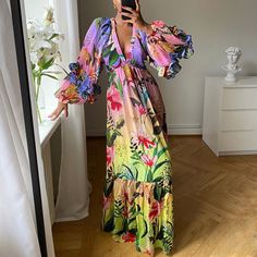 Floral Printing Sexy Deep V-neck Bohemian Dresses Vacation Maxi Dress, Floral Dresses Long, Straight Dress, Loose Outfit, Bohemian Dress, Printed Maxi Dress, Long Maxi Dress, V Neck Dress, Floral Maxi Dress