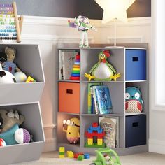 a child's room with toys and bookshelves