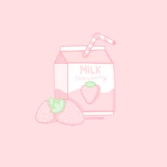 a milk carton and two strawberries on a pink background with the words milk strawberry