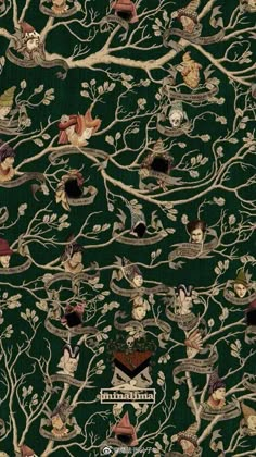 the tree of life is depicted in this green background with many small birds and leaves