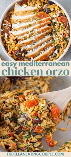 chicken orzo with tomatoes and parmesan cheese in a skillet