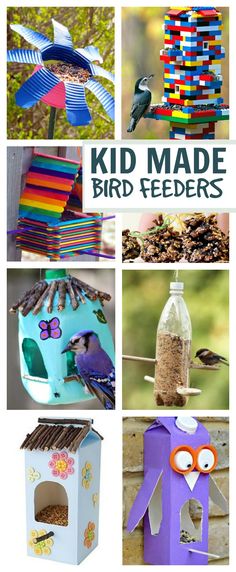 several different bird feeders with the words kid made bird feeders