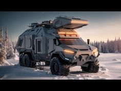 an armored vehicle is parked in the snow