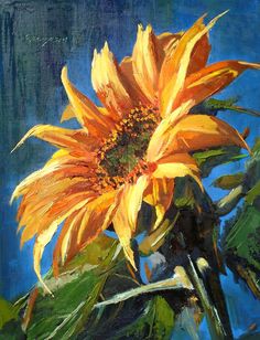 an oil painting of a sunflower on a blue background