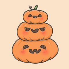 three pumpkins stacked on top of each other in the shape of faces with eyes