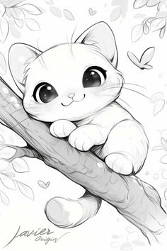 a drawing of a cat sitting on top of a tree branch