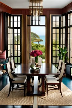 a dining room table with chairs and a vase filled with flowers on top of it