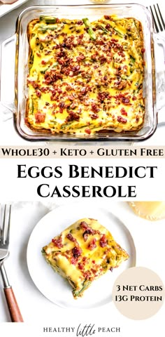 an egg and cheese casserole on a white plate with text overlay that reads whole 30 keto gluen free eggs benedict casserole