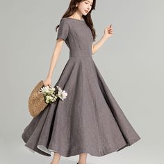 The swing dress is the epitome of feminine chic and is sure to turn heads. Perfect for a summer party or other occasion, just add a simple heels, you can wear it for daily casual, part or other occasion, wedding guest dress, a best selections as mother of bride dress.  DETAILS * 100% linen * Two side Seam deep pockets * Boat neckline swing dress * High waist flared midi dress, Fitted waistband * Back zip closure * Below knee length * Perfect for Summer, Spring, autumn * Wash by hand or machine w Grey Linen Dress, Midi Linen Dress, Simple Heels, Linen Dress Women, Custom Dress, Summer Linen Dresses, Feminine Chic, Dress Fitted, Summer Linen