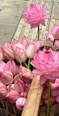 a basket filled with pink flowers sitting on top of a sidewalk