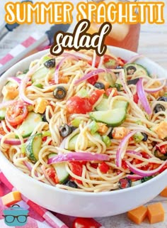 this summer spaghetti salad is loaded with fresh veggies, tomatoes, cucumbers and olives