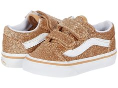 Vans Kids Old Skool V (Infant/Toddler) - Girls Shoes : (Glitter) Amberlight/True White : Go with a classic for your little one in the adorable Vans Kids Old Skool V sneakers with a double hook-and-loop closure for easy on and off wear. Suede/canvas upper features the famous Vans Sidestripe. Padded collar and tongue for extra comfort. Double hook-and-loop closure for easy on/off. Special Vans Off-the-Wall rubber waffle outsole. Measurements: Weight: 5 oz Product measurements were taken using size V Sneakers, Shoes Glitter, Stella Rose, Oldest Daughter, Skechers Kids, Velcro Shoes, Vans Kids, Toddler Girl Shoes, Girl Things