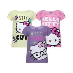 PRICES MAY VARY. Adorable, Snug and Comfortable 3 Pack Sanrio Hello Kitty Short Sleeve T-Shirts Contains One Fashionable Yellow Graphic "Stay Cute" Tee with Flower Print, One Pink Polka Dot Print Hello Kitty Cartoon Character Tee, and One Purple Winking Hello Kitty Graphic "Change the World" Tee Classic Fit and Crewneck line with a Double-Needle Clean Finished Hem. Lightweight and Breathable Fabric That Your Little Girl Will Feel Comfortable Wearing All Day Long The Perfect Gift for your Daughte Pink Hello Kitty Roblox T Shirt, Print Hello Kitty, Scene Clothes, Hello Kitty Clothes, Kitty Cartoon, Purple Sunglasses, Hello Kitty Sanrio, Girl Sleeves, Hello Kitty Cartoon