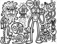 a black and white drawing of some cartoon characters