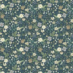 a blue and green floral wallpaper with lots of white flowers on the bottom half of it