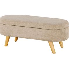 a beige ottoman with wooden legs on an isolated white background