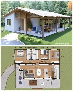 the plans for a small house are shown in two different views, one with an open floor