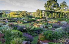 a garden with many different types of flowers and plants around it, including lavenders