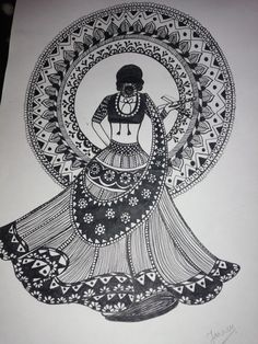 a drawing of a woman sitting in the middle of a circle