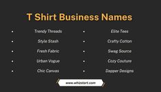 Looking to launch your own T shirt business and in need of catchy and memorable names? You’ve landed on the right page! This article is all about providing you with the best catchy T-shirt business names ideas. As a seasoned naming specialist, I’ve spent four years perfecting the art of creating names that leave a lasting impact.  With a background in curating names across different platforms, I understand the significance of finding the perfect name for your T-shirt business. Your brand deserves a name that not only grabs attention but also resonates with your audience. In the realm of naming, my four years of experience have equipped me to deliver names that go beyond expectations. T Shirt Brand Name Ideas, Catchy Words, Unique Business Names, Apparel Business, Create Name, T Shirt Company, Names Ideas