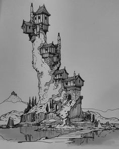 Pen Art Drawings, Fantasy Drawings, Architecture Drawing Art, Arte Sketchbook, Landscape Drawings, A Castle, Fantasy Art Landscapes, Urban Sketching, Architecture Sketch